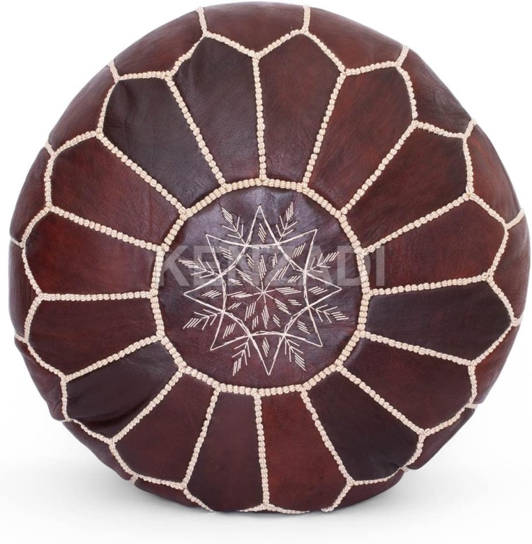 moroccan leather pouf collection image - showing a moroccan tan leather pouf handmade by moroccan artisans
