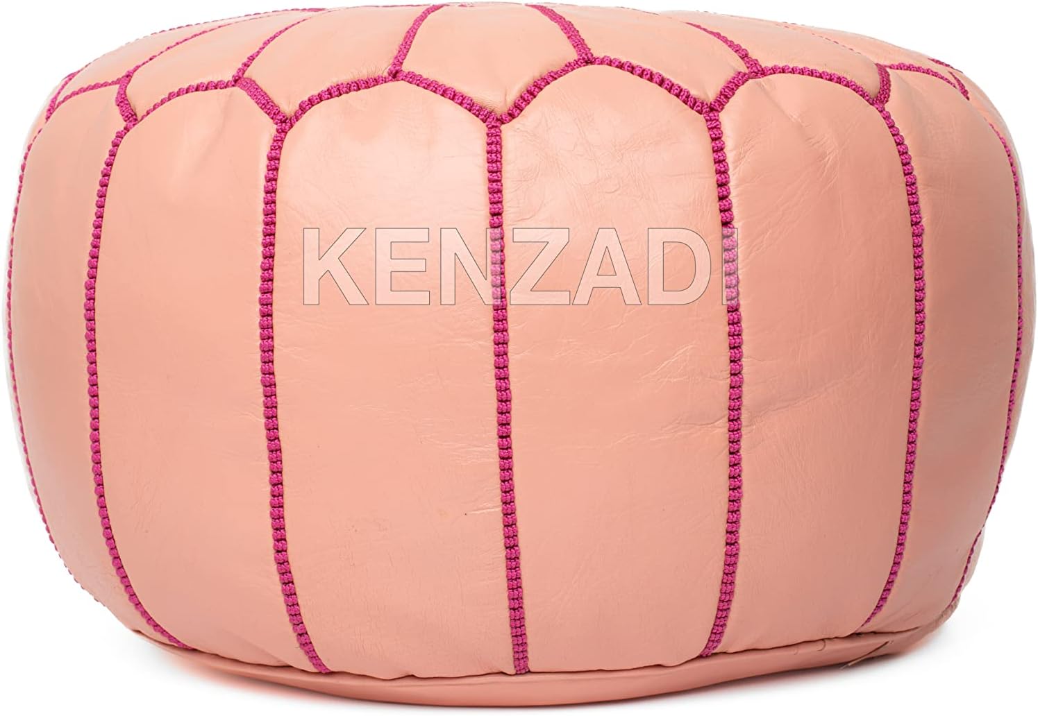 Kenzadi leather pouf cover - front view, light pink with pink stitching
