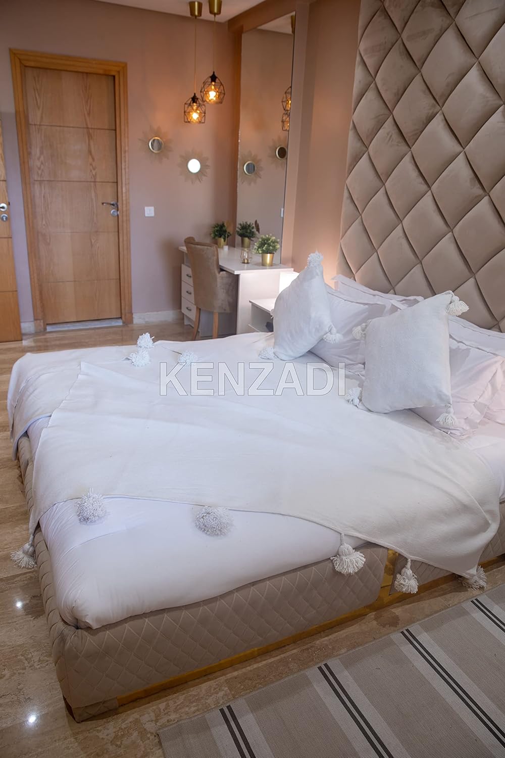 Handmade Pompom Blanket, Throw Blanket, Pom Pom Blanket, Boho Blanket, Bed Cover, Warm Blanket, Cozy Blanket (White with pom White, Queen (U.S. Standard)) - Handmade by My Poufs