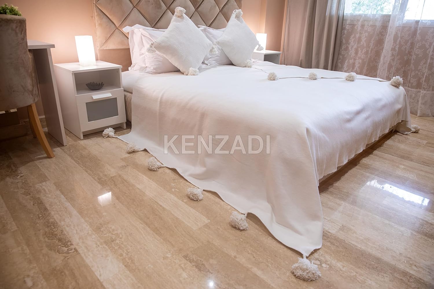 Handmade Pompom Blanket, Throw Blanket, Pom Pom Blanket, Boho Blanket, Bed Cover, Warm Blanket, Cozy Blanket (White with pom White, Queen (U.S. Standard)) - Handmade by My Poufs