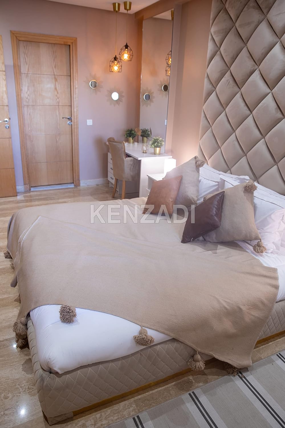 KENZADI Moroccan Handmade Pompom Blanket, Throw Blanket, Pom Pom Blanket, Boho Blanket, Bed Cover, Warm Blanket, Cozy Blanket (Brown with pom Brown, King (U.S. Standard)) - Handmade by My Poufs