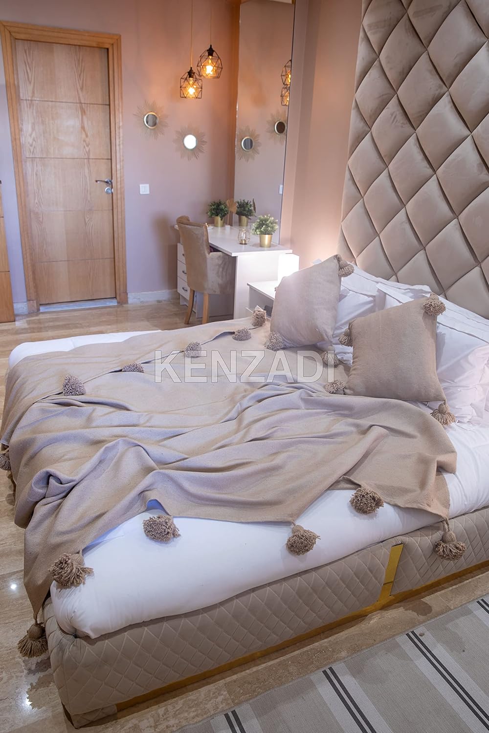 KENZADI Moroccan Handmade Pompom Blanket, Throw Blanket, Pom Pom Blanket, Boho Blanket, Bed Cover, Warm Blanket, Cozy Blanket (Brown with pom Brown, King (U.S. Standard)) - Handmade by My Poufs