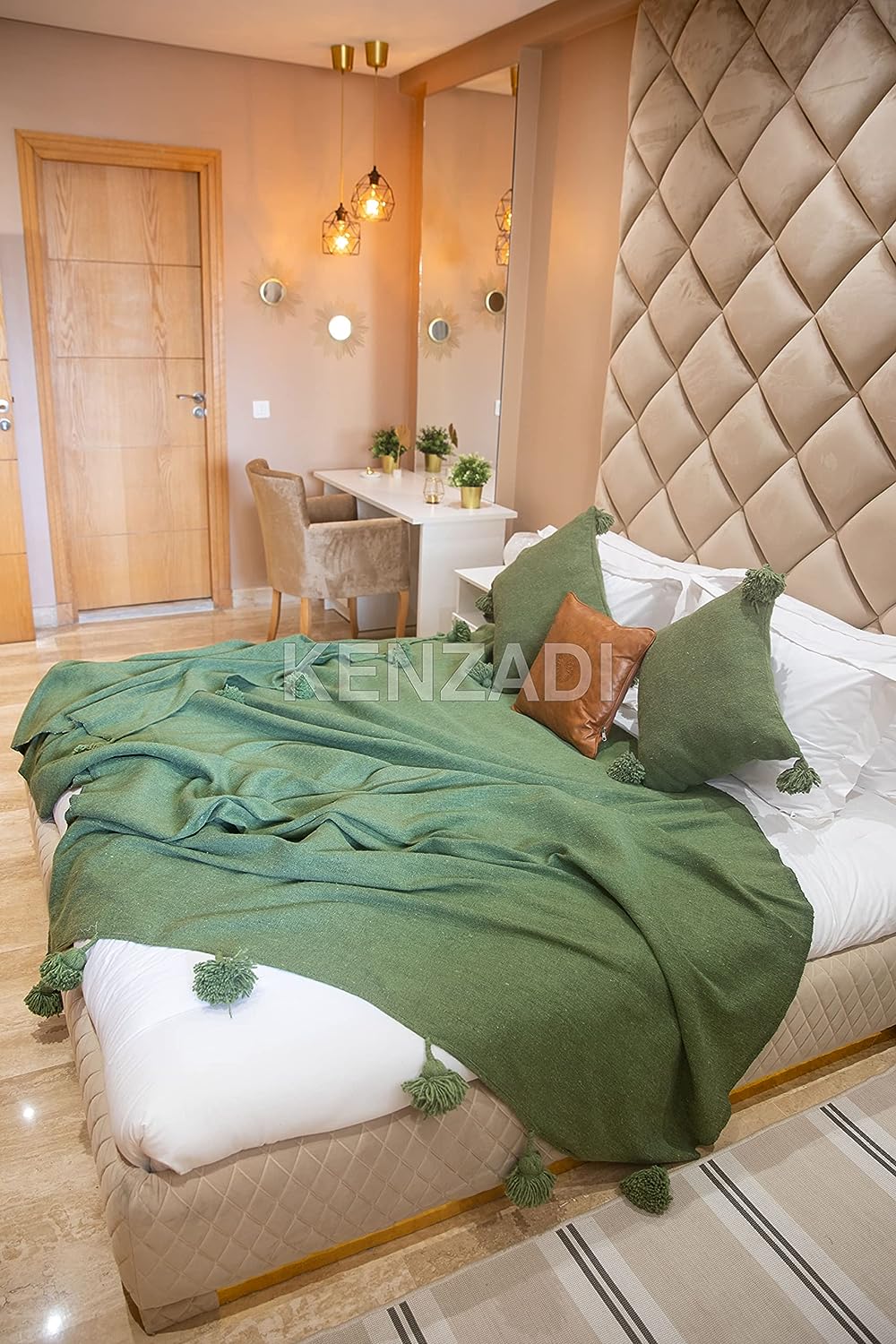 KENZADI Moroccan Handmade Pompom Blanket, Throw Blanket, Pom Pom Blanket, Boho Blanket, Bed Cover, Warm Blanket, Cozy Blanket (Green with pom Green, Queen (U.S. Standard)) - Handmade by My Poufs