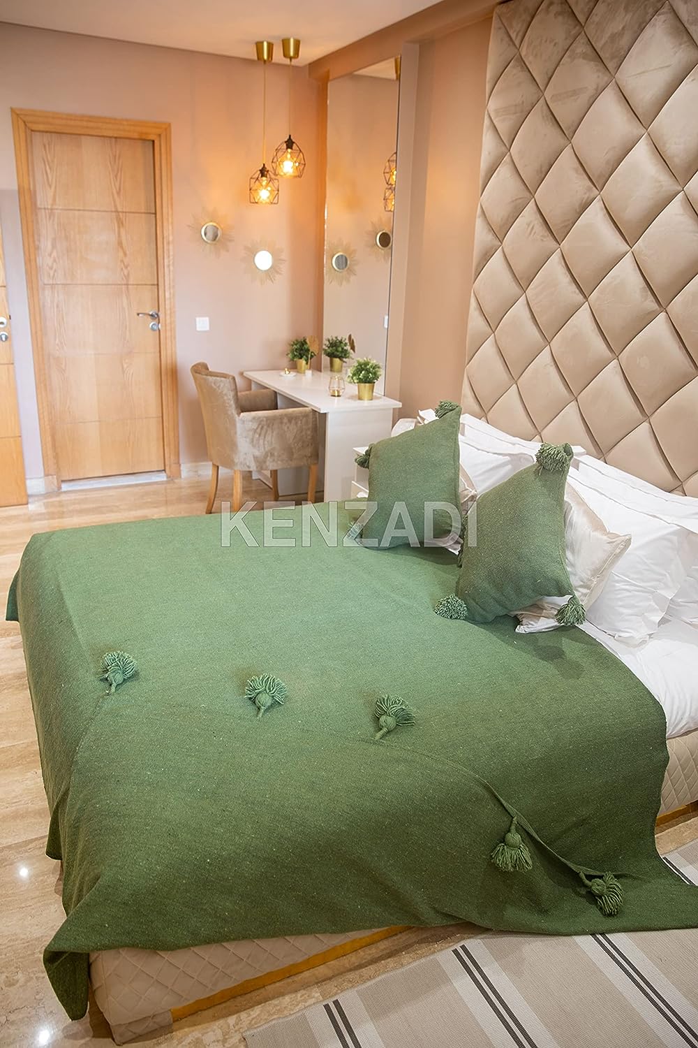 KENZADI Moroccan Handmade Pompom Blanket, Throw Blanket, Pom Pom Blanket, Boho Blanket, Bed Cover, Warm Blanket, Cozy Blanket (Green with pom Green, Queen (U.S. Standard)) - Handmade by My Poufs