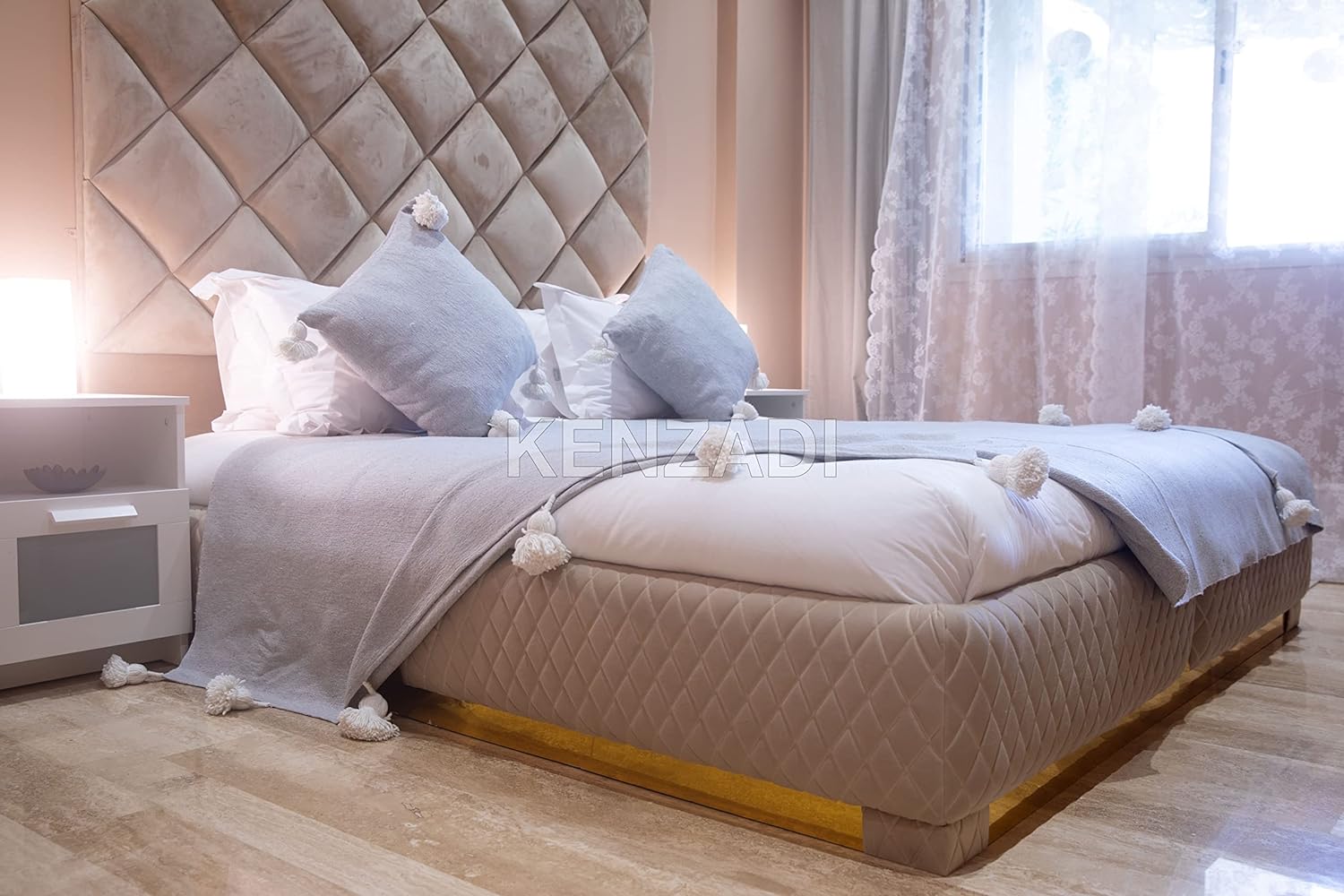 KENZADI Moroccan Handmade Pompom Blanket, Throw Blanket, Pom Pom Blanket, Boho Blanket, Bed Cover, Warm Blanket, Cozy Blanket (Grey with pom White, King (U.S. Standard)) - Handmade by My Poufs