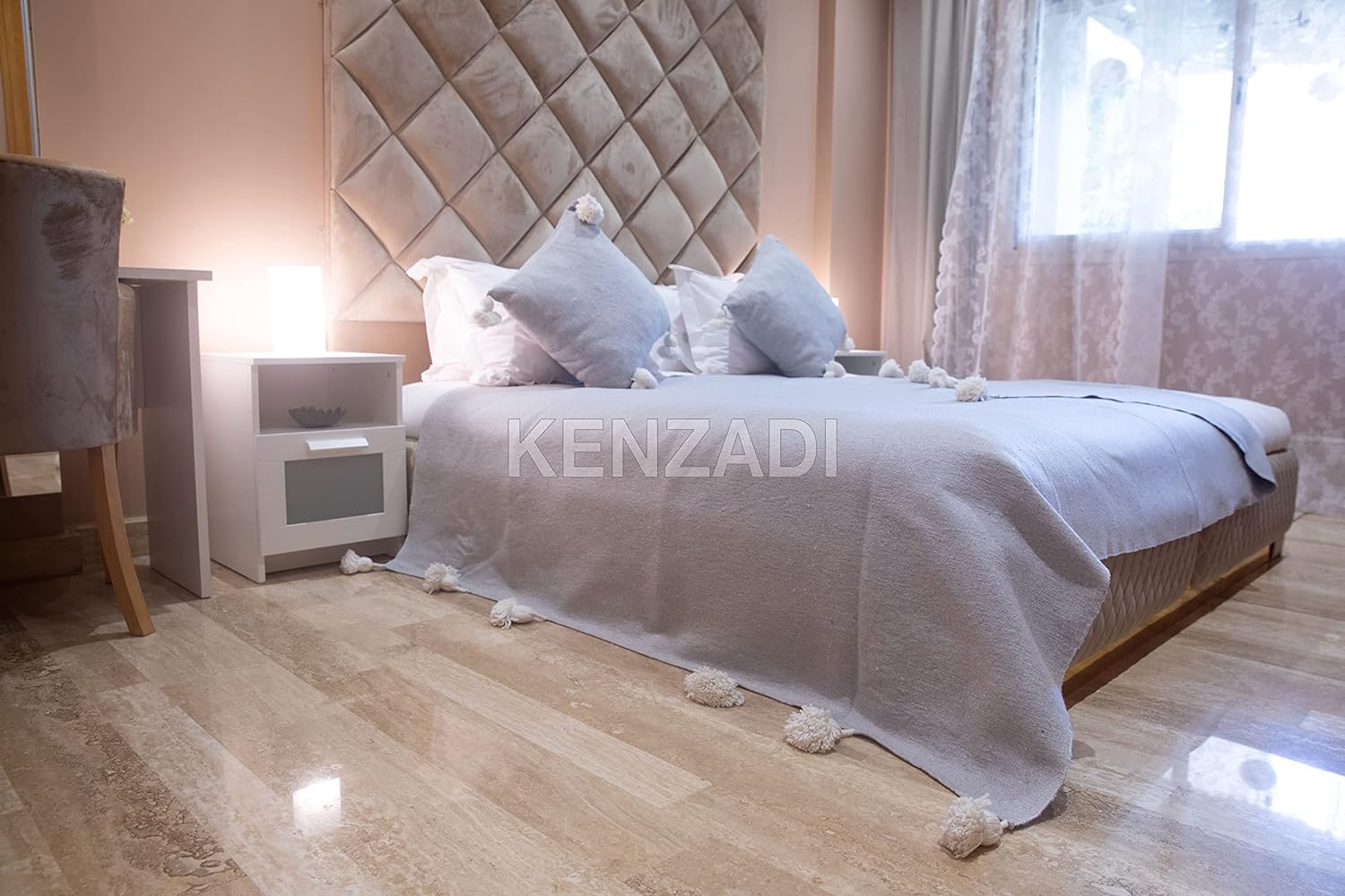 KENZADI Moroccan Handmade Pompom Blanket, Throw Blanket, Pom Pom Blanket, Boho Blanket, Bed Cover, Warm Blanket, Cozy Blanket (Grey with pom White, Queen (U.S. Standard)) - Handmade by My Poufs