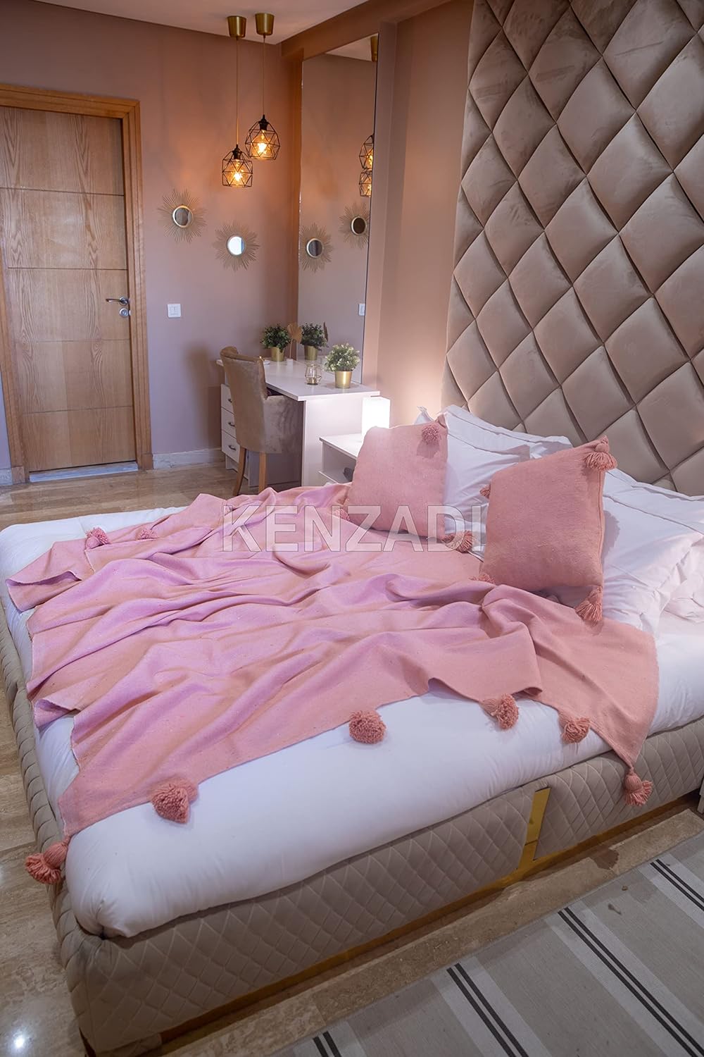 KENZADI Moroccan Handmade Pompom Blanket, Throw Blanket, Pom Pom Blanket, Boho Blanket, Bed Cover, Warm Blanket, Cozy Blanket (Pink with pom Pink, King (U.S. Standard)) - Handmade by My Poufs