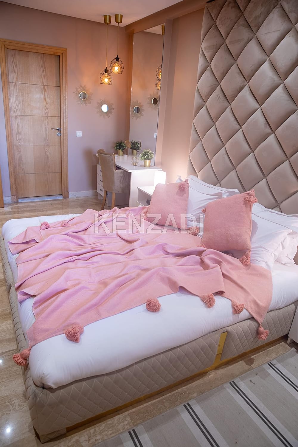 KENZADI Moroccan Handmade Pompom Blanket, Throw Blanket, Pom Pom Blanket, Boho Blanket, Bed Cover, Warm Blanket, Cozy Blanket (Pink with pom Pink, King (U.S. Standard)) - Handmade by My Poufs