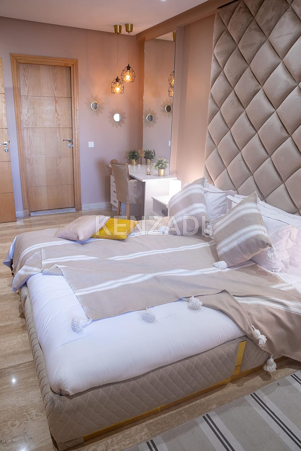 KENZADI Moroccan Handmade Pompom Blanket, Throw Blanket, Pom Pom Blanket, Boho Blanket, Bed Cover, Warm Blanket, Cozy Blanket (Striped Brown with pom White, King (U.S. Standard)) - Handmade by My Poufs