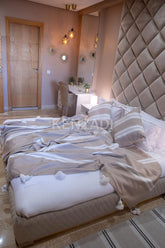 KENZADI Moroccan Handmade Pompom Blanket, Throw Blanket, Pom Pom Blanket, Boho Blanket, Bed Cover, Warm Blanket, Cozy Blanket (Striped Brown with pom White, King (U.S. Standard)) - Handmade by My Poufs