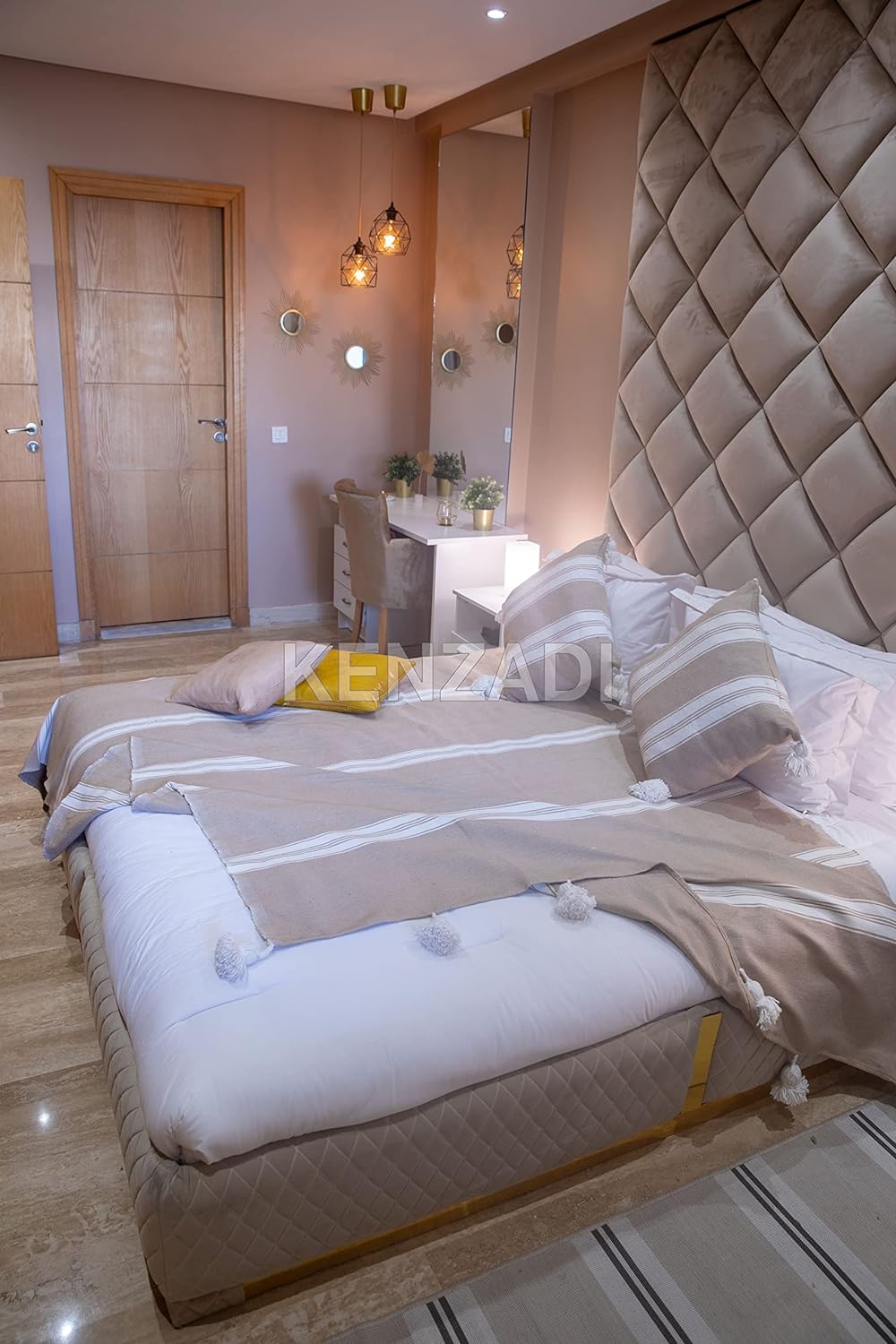 KENZADI Moroccan Handmade Pompom Blanket, Throw Blanket, Pom Pom Blanket, Boho Blanket, Bed Cover, Warm Blanket, Cozy Blanket (Striped Brown with pom White, Queen (U.S. Standard)) - Handmade by My Poufs