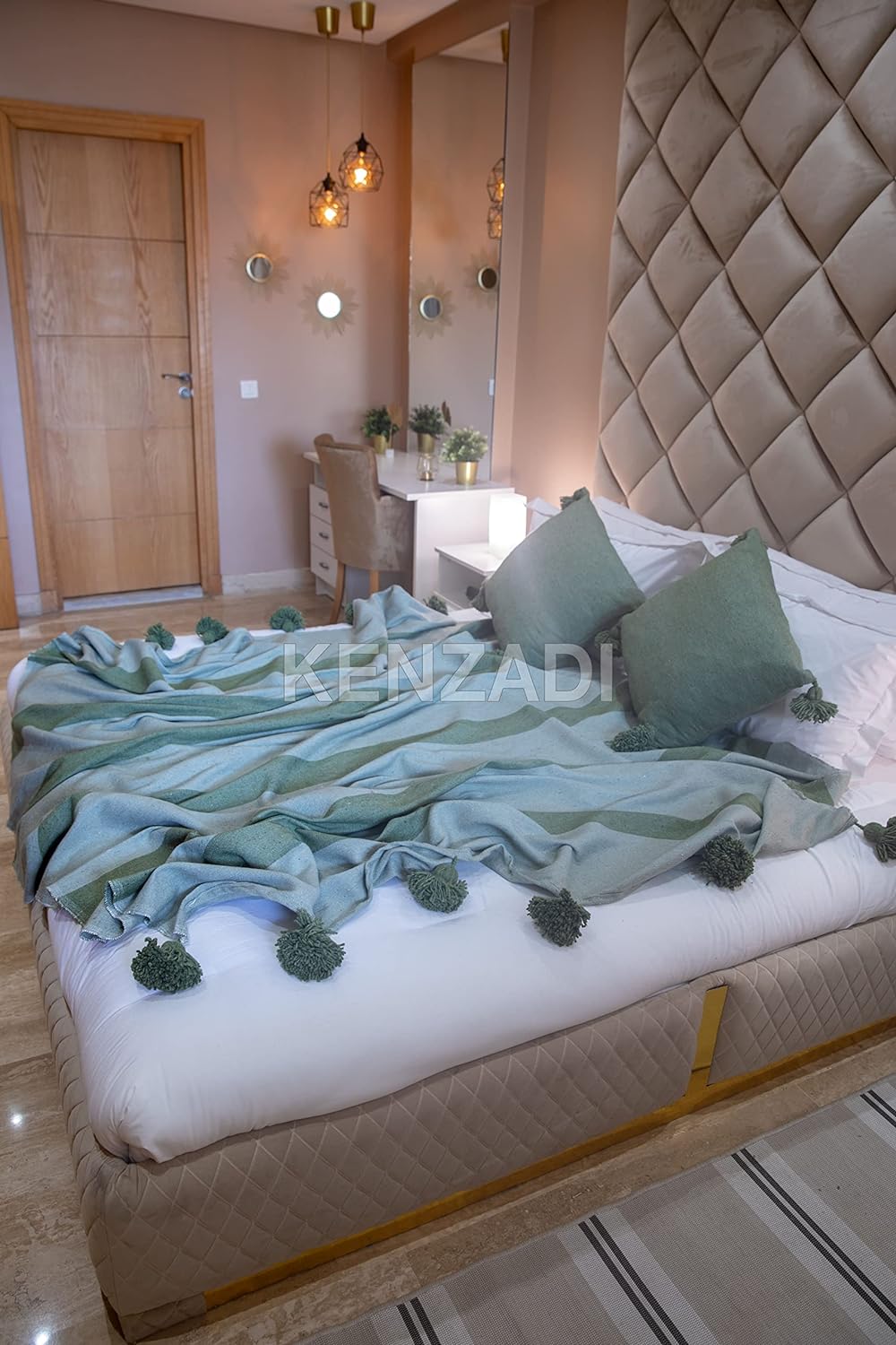 KENZADI Moroccan Handmade Pompom Blanket, Throw Blanket, Pom Pom Blanket, Boho Blanket, Bed Cover, Warm Blanket, Cozy Blanket (Striped Green with pom Green, King (U.S. Standard)) - Handmade by My Poufs