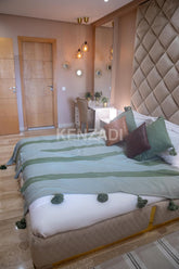 KENZADI Moroccan Handmade Pompom Blanket, Throw Blanket, Pom Pom Blanket, Boho Blanket, Bed Cover, Warm Blanket, Cozy Blanket (Striped Green with pom Green, King (U.S. Standard)) - Handmade by My Poufs