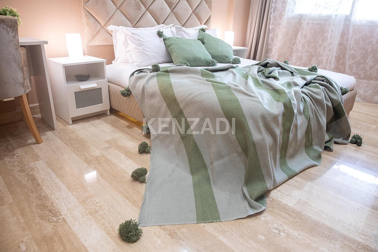 KENZADI Moroccan Handmade Pompom Blanket, Throw Blanket, Pom Pom Blanket, Boho Blanket, Bed Cover, Warm Blanket, Cozy Blanket (Striped Green with pom Green, King (U.S. Standard)) - Handmade by My Poufs