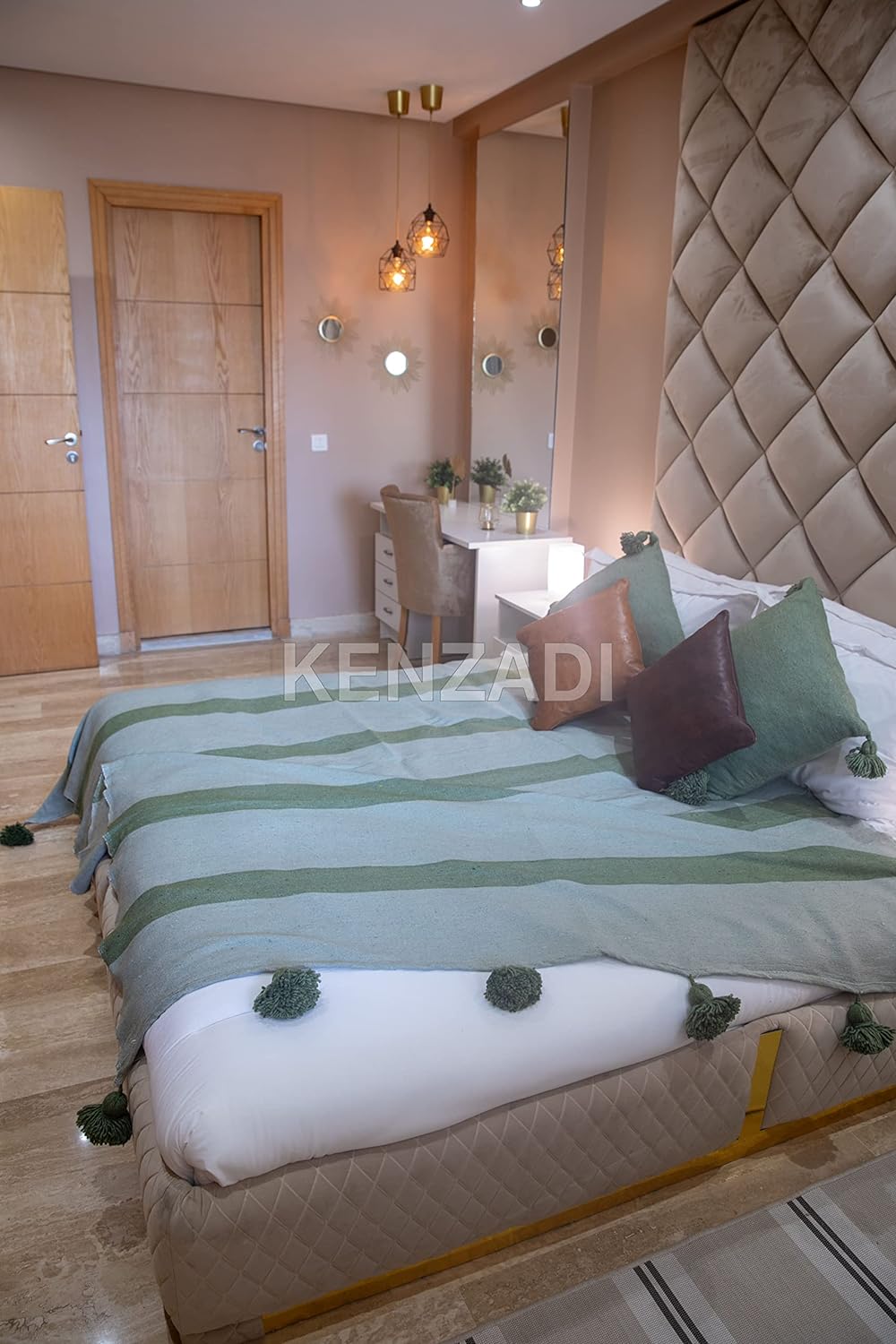 KENZADI Moroccan Handmade Pompom Blanket, Throw Blanket, Pom Pom Blanket, Boho Blanket, Bed Cover, Warm Blanket, Cozy Blanket (Striped Green with pom Green, Queen (U.S. Standard)) - Handmade by My Poufs