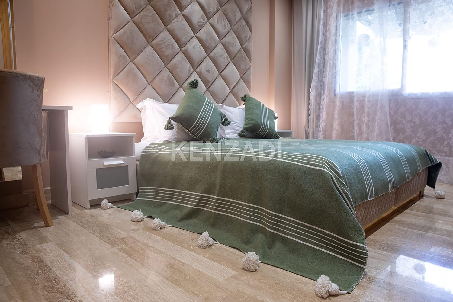 KENZADI Moroccan Handmade Pompom Blanket, Throw Blanket, Pom Pom Blanket, Boho Blanket, Bed Cover, Warm Blanket, Cozy Blanket (Striped Green with pom White, Queen (U.S. Standard)) - Handmade by My Poufs