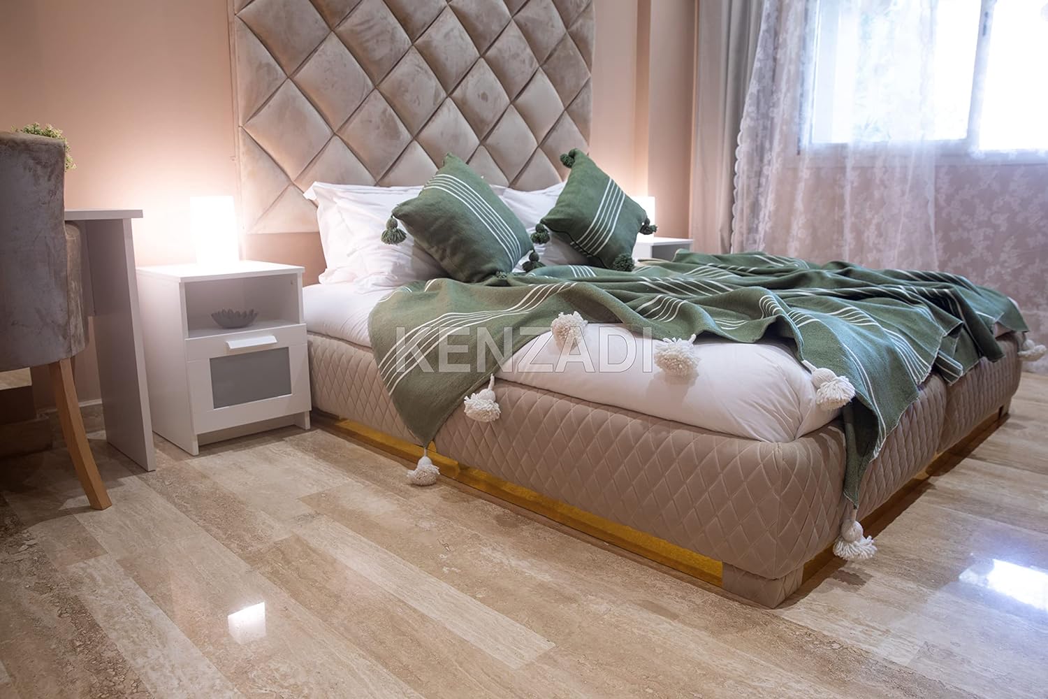 KENZADI Moroccan Handmade Pompom Blanket, Throw Blanket, Pom Pom Blanket, Boho Blanket, Bed Cover, Warm Blanket, Cozy Blanket (Striped Green with pom White, Queen (U.S. Standard)) - Handmade by My Poufs