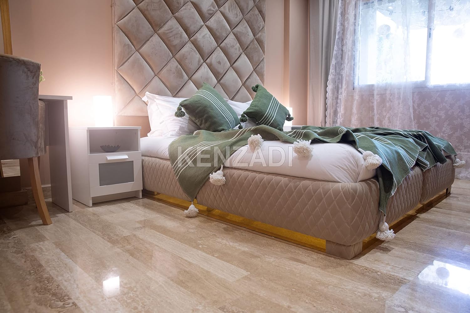 KENZADI Moroccan Handmade Pompom Blanket, Throw Blanket, Pom Pom Blanket, Boho Blanket, Bed Cover, Warm Blanket, Cozy Blanket (Striped Green with pom White, Queen (U.S. Standard)) - Handmade by My Poufs