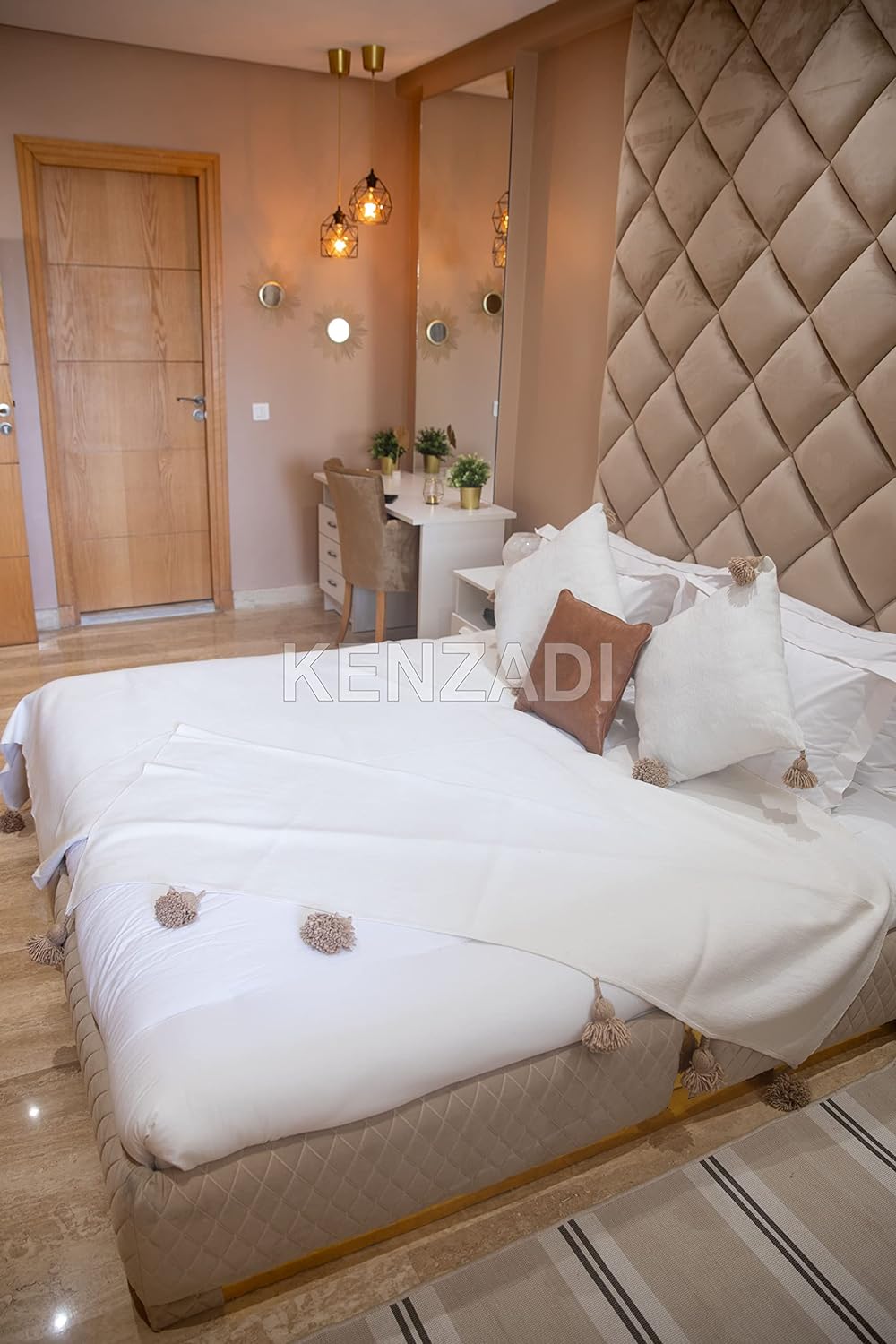 KENZADI Moroccan Handmade Pompom Blanket, Throw Blanket, Pom Pom Blanket, Boho Blanket, Bed Cover, Warm Blanket, Cozy Blanket (White with pom Brown, King (U.S. Standard)) - Handmade by My Poufs