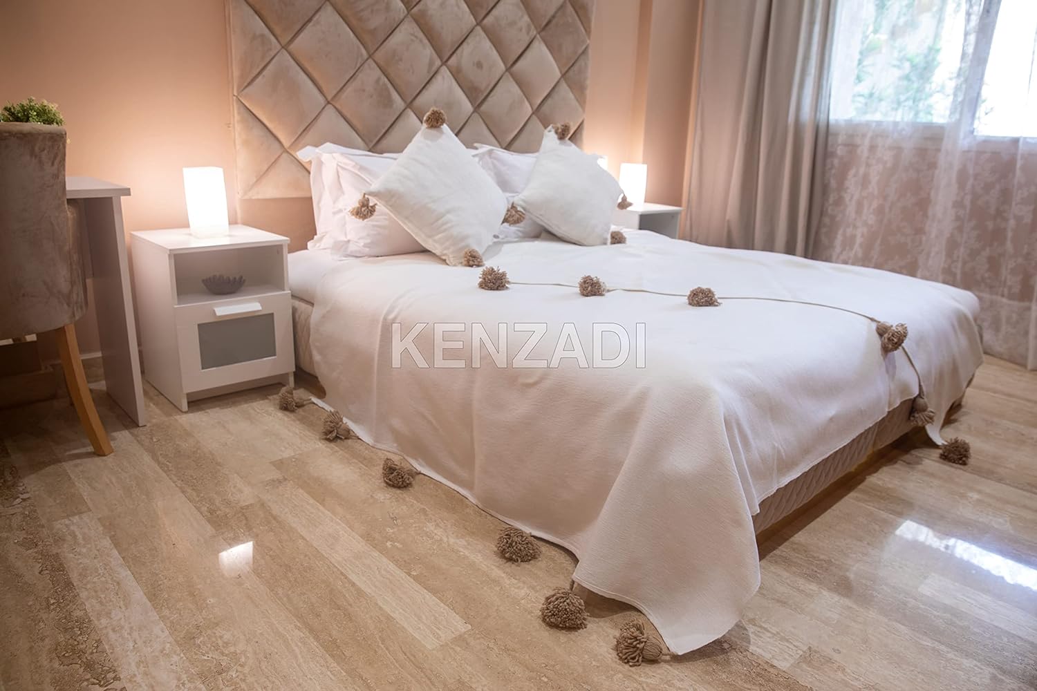 KENZADI Moroccan Handmade Pompom Blanket, Throw Blanket, Pom Pom Blanket, Boho Blanket, Bed Cover, Warm Blanket, Cozy Blanket ( White with pom Brown, Queen (U.S. Standard)) - Handmade by My Poufs