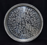 Moroccan 10.2 Inch Handmade Serving Brass Tea Tray Silver Plated Handcrafted Plate Fez Morocco - Handmade by My Poufs