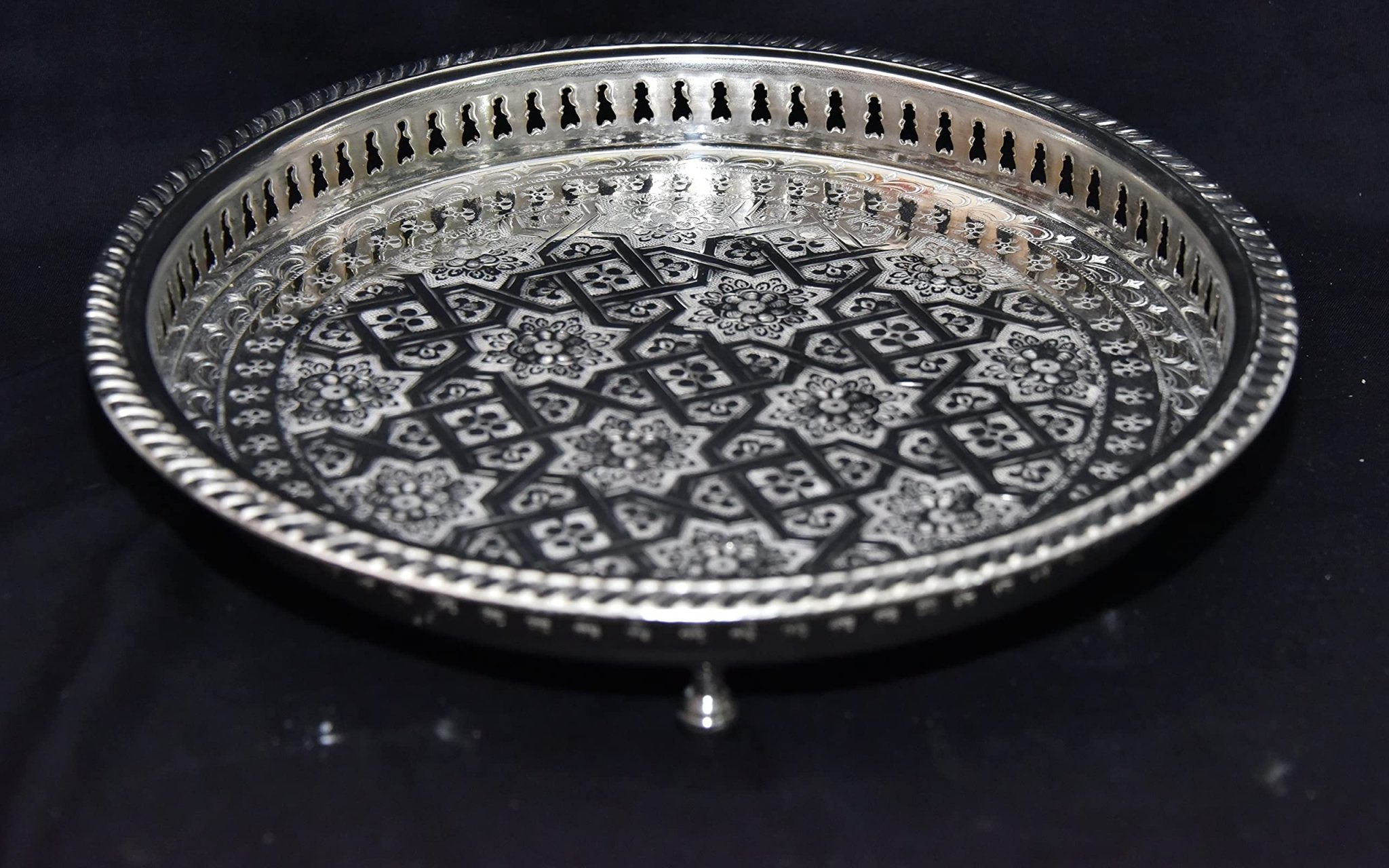 Moroccan 10.2 Inch Handmade Serving Brass Tea Tray Silver Plated Handcrafted Plate Fez Morocco - Handmade by My Poufs
