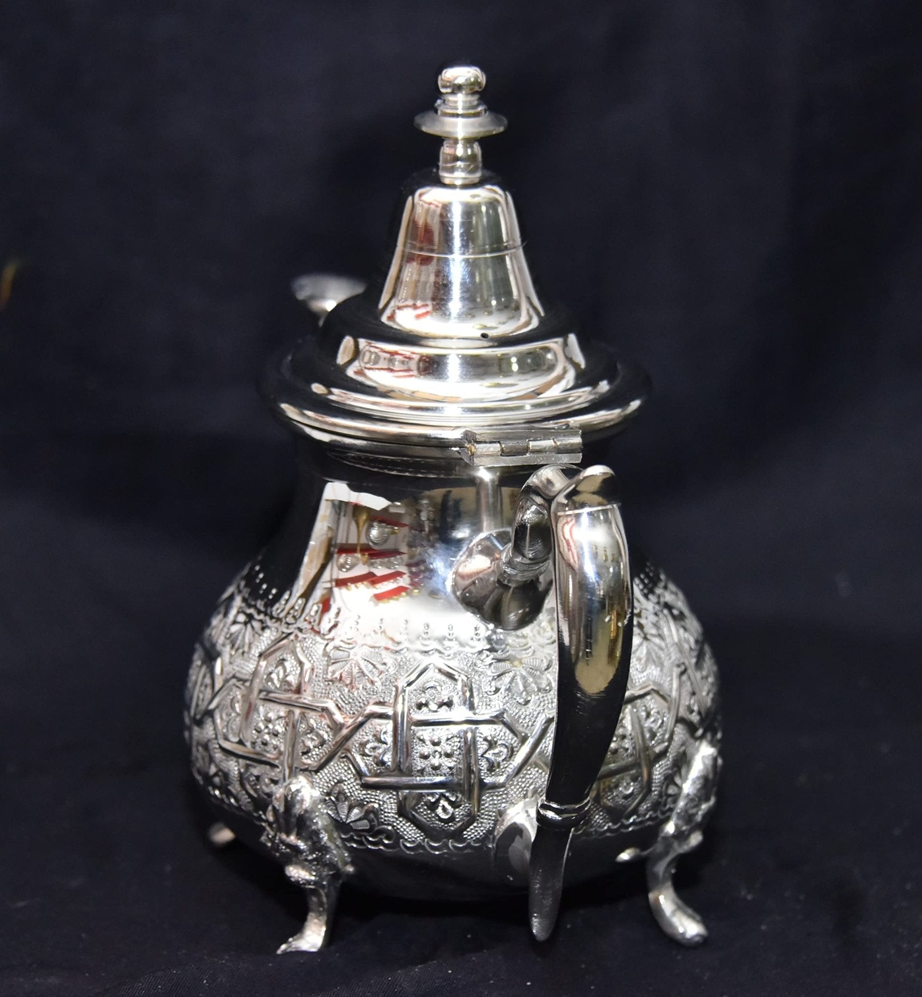 Moroccan 4 Cups Tea Pot W/ 4 Welded Legs Handmade Serving 15OZ Small Brass Silver Plated Teapot Hand Carved in Fez Morocco - Handmade by My Poufs