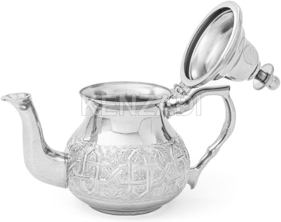 Moroccan 8Cups 20oz Teapot Handmade Brass Silver Plated Hand Carved In Fes Morocco - Handmade by My Poufs