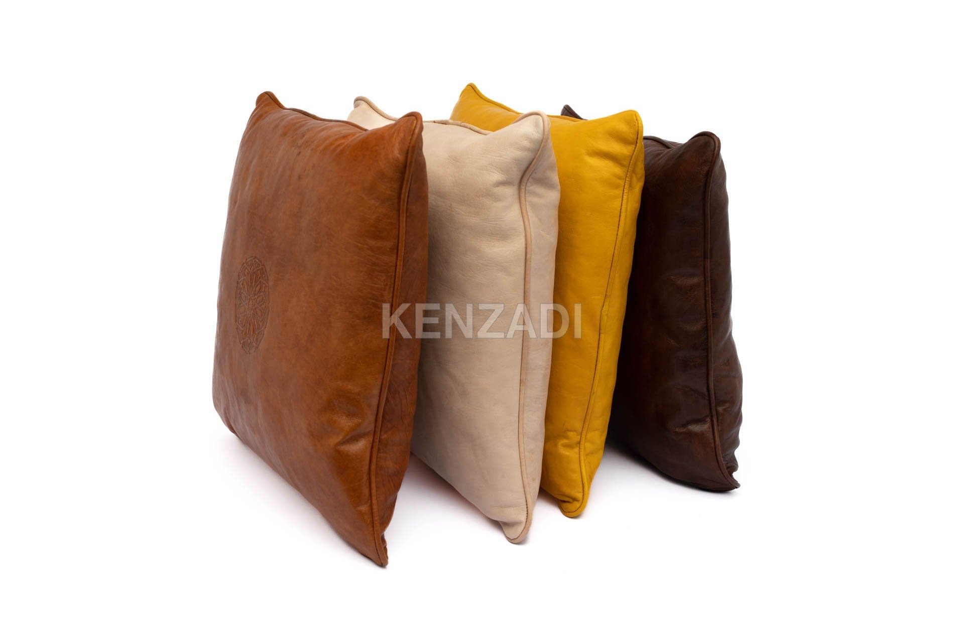 Moroccan Leather Pillow, Beige traditional Throw Pillow Case by Kenzadi - Handmade by My Poufs