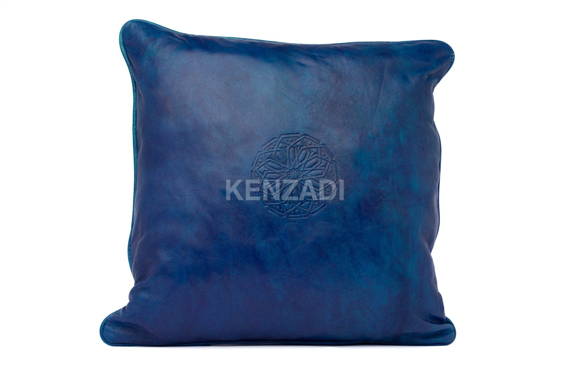 Moroccan Leather Pillow, Blue traditional Throw Pillow Case by Kenzadi - Handmade by My Poufs
