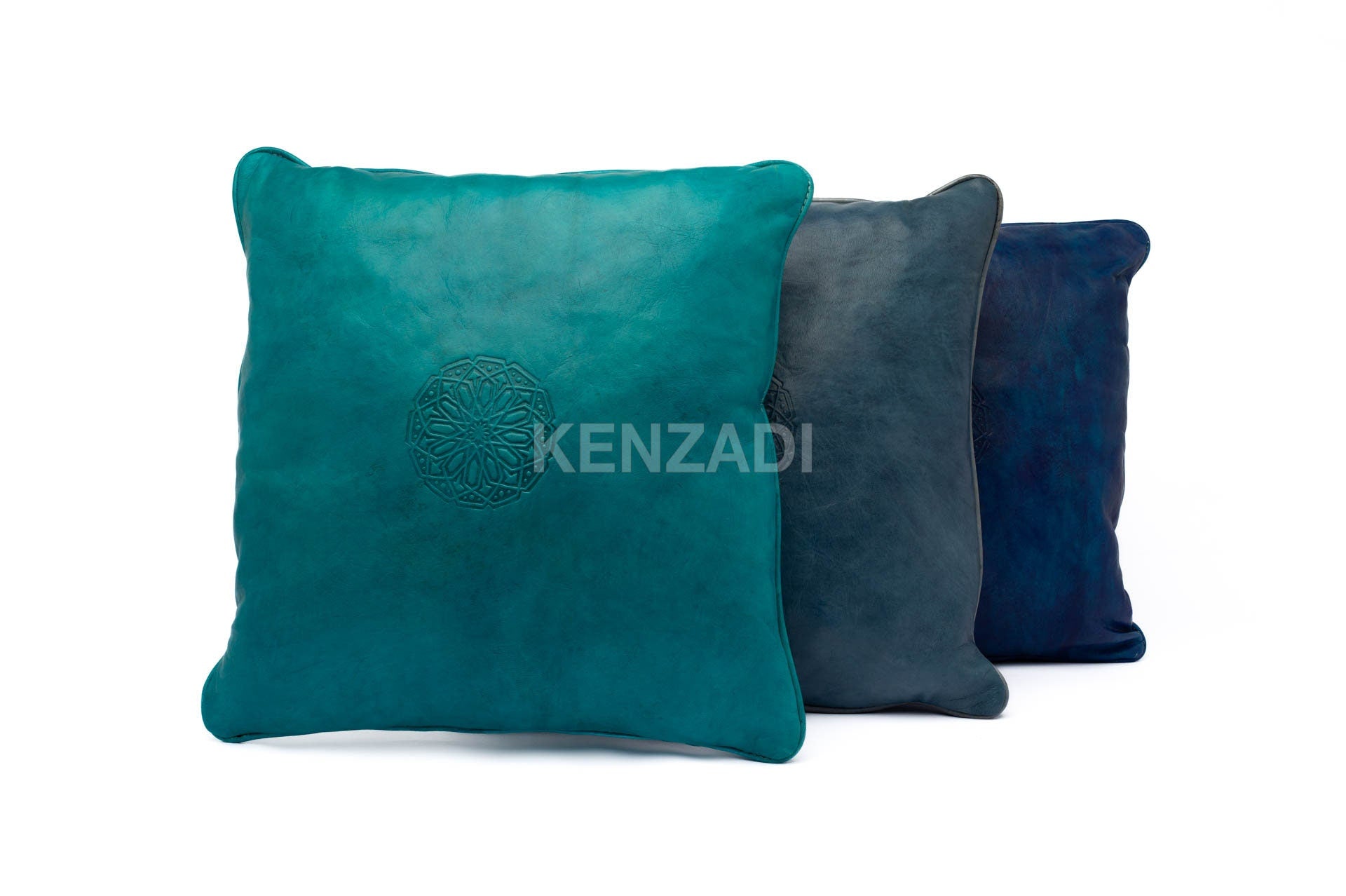 Moroccan Leather Pillow, Blue traditional Throw Pillow Case by Kenzadi - Handmade by My Poufs
