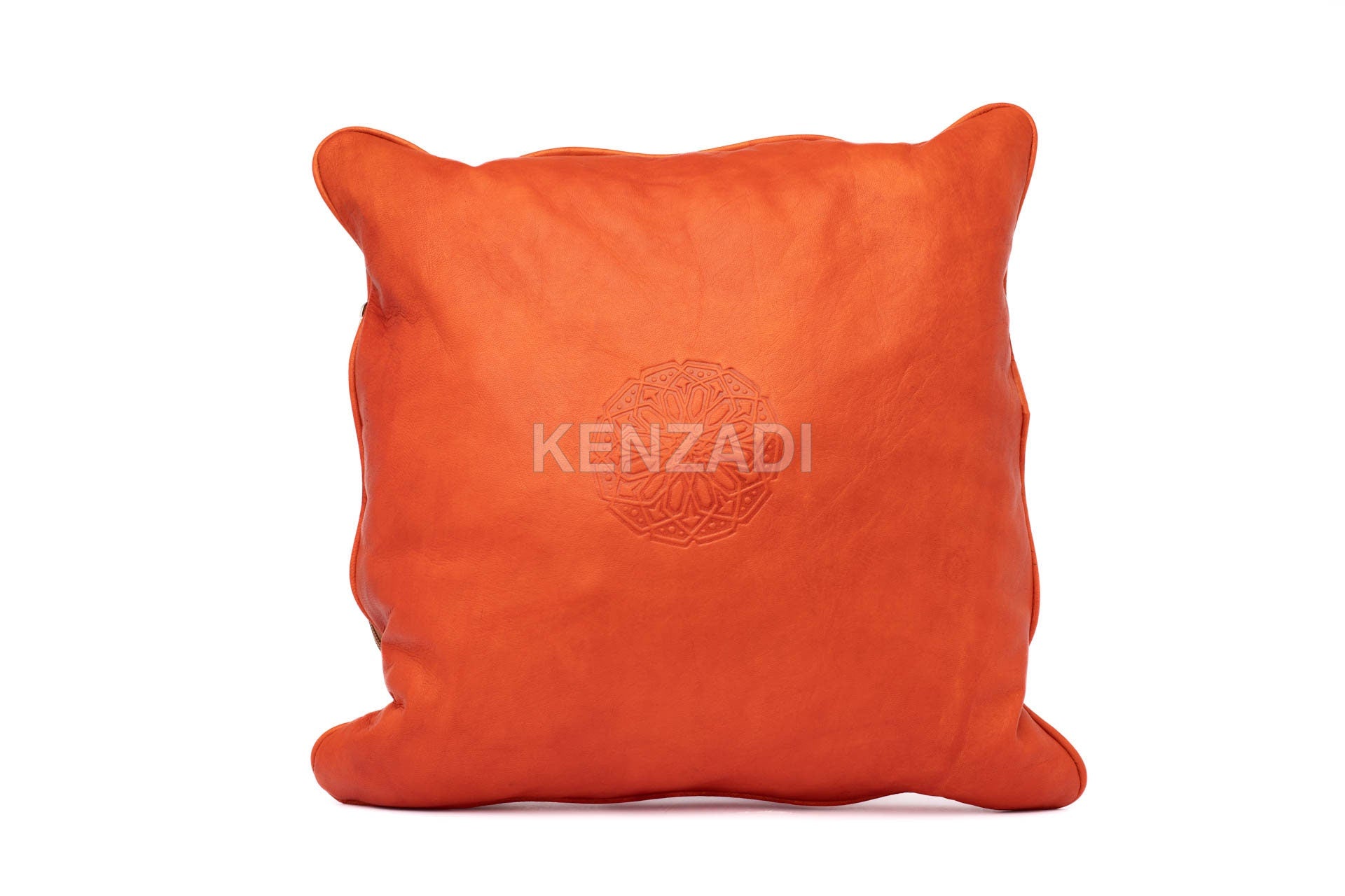 Handmade Moroccan orange leather pillowcase - a stylish and versatile decor piece for indoor and outdoor use.