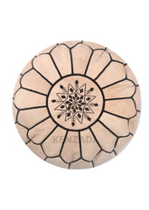 Handmade Moroccan pouf in sewn TAN leather with Beige and Black embroidery. Perfect for adding a bohemian touch to your decor.