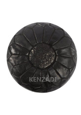 Authentic Moroccan leather pouf with black embroidery, handmade in goat leather. Black pouf with a bohemian touch, perfect for any room.