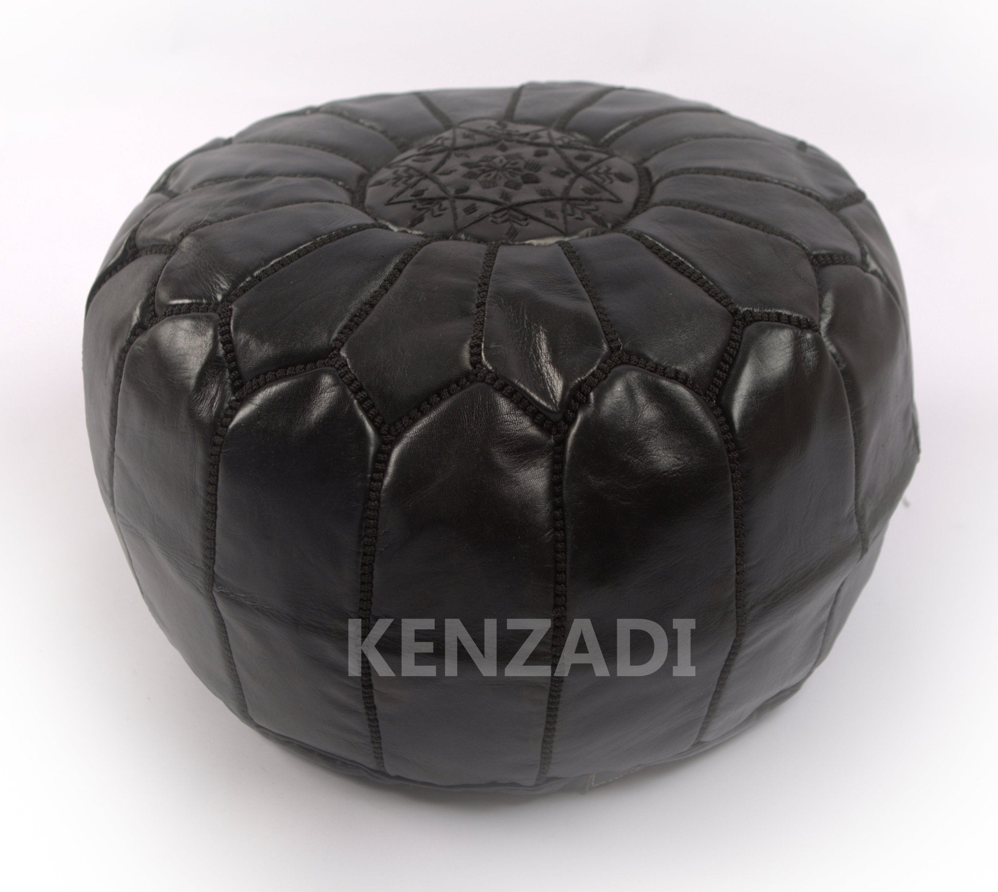 Moroccan leather Pouf, round Pouf, berber Pouf, Black Pouf with Black embroidery by Kenzadi - Handmade by My Poufs