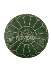 Authentic Moroccan round leather pouf in sewn tan leather with dark green and beige embroidery