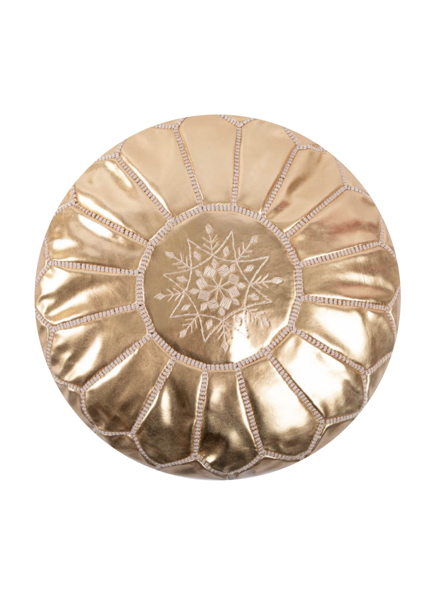 Authentic round Moroccan pouf with gold and beige embroidery Handmade leather pouf with bohemian style Versatile pouf for use as footrest, pouf, or coffee table