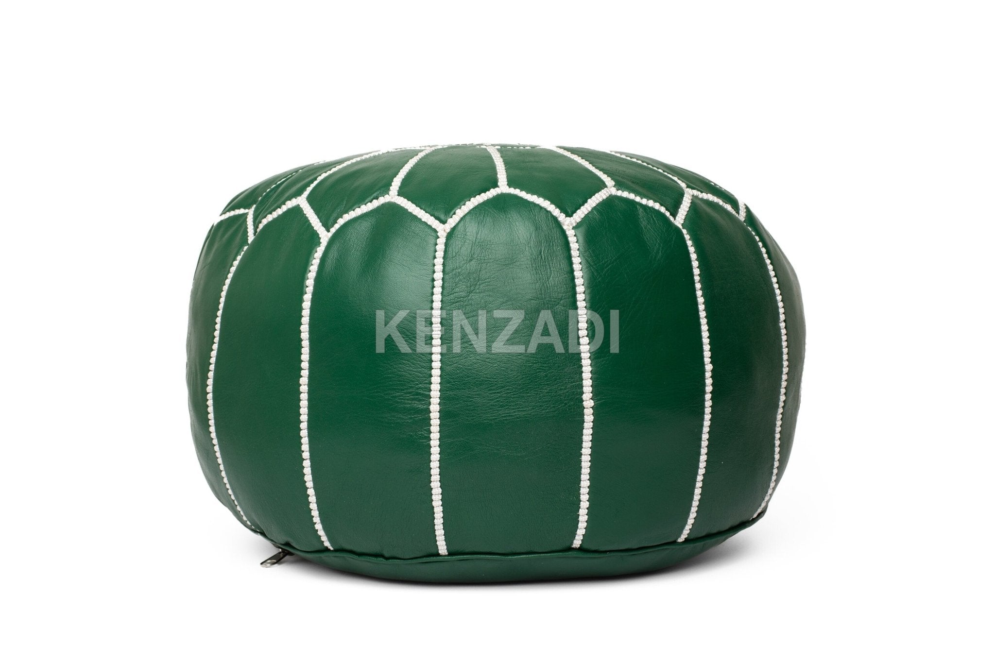 Authentic Moroccan leather pouf with white embroidery, handmade from premium Berber leather. Perfect for adding a bohemian touch to your home décor.