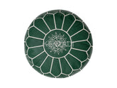 Authentic Moroccan leather pouf with white embroidery, handmade from premium Berber leather. Perfect for adding a bohemian touch to your home décor.