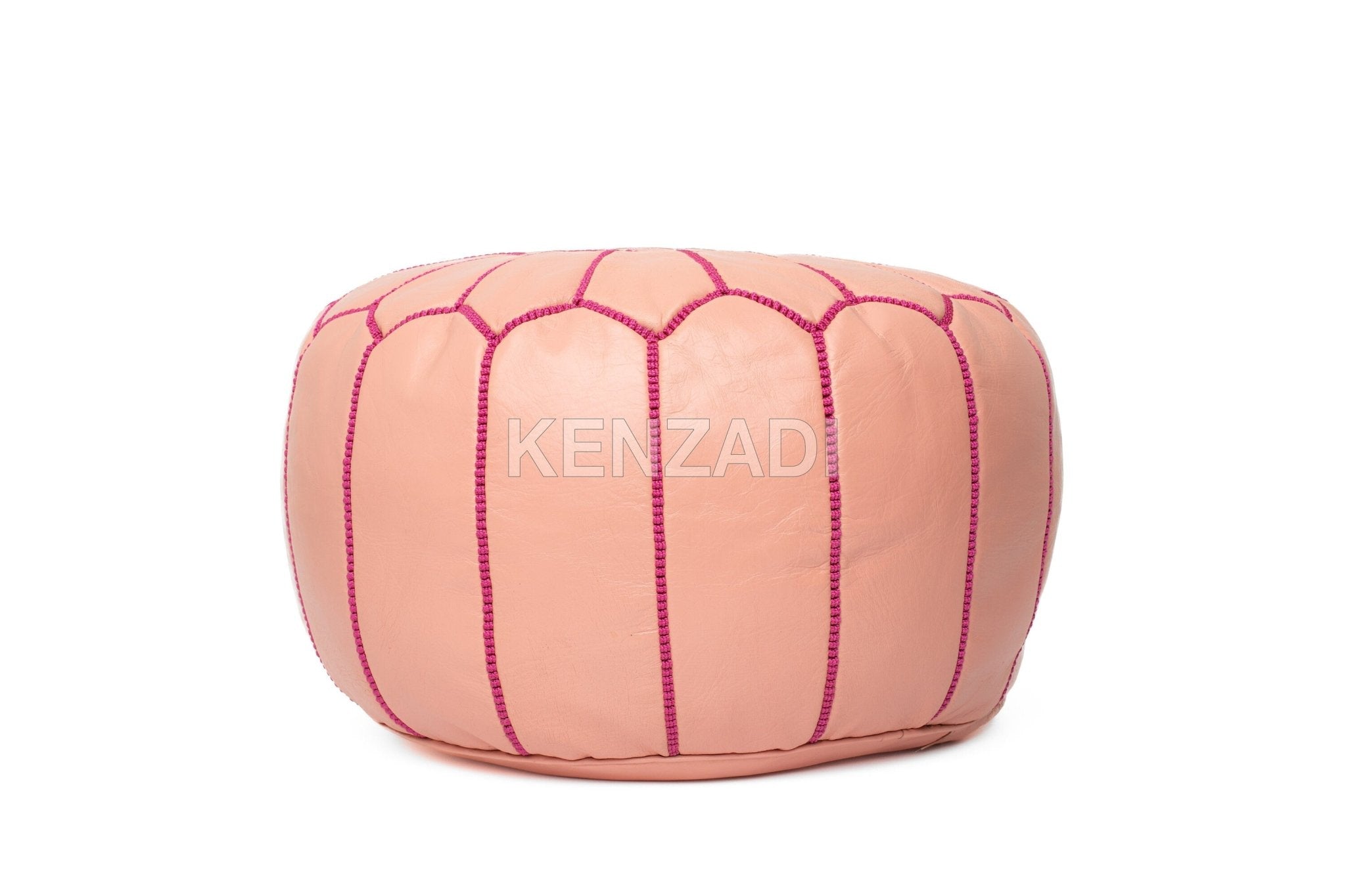 Moroccan leather pouf, round pouf, berber pouf, Light Pink pouf with Pink embroidery by Kenzadi - Handmade by My Poufs