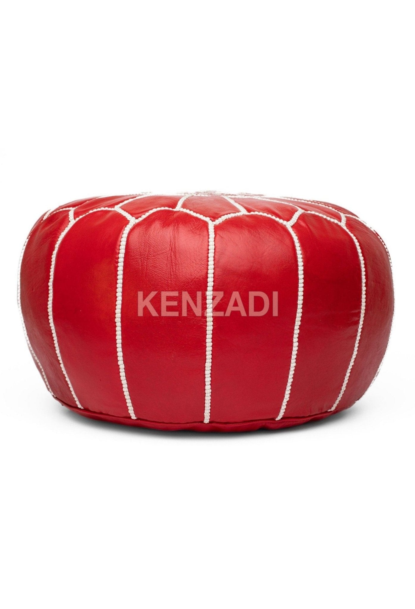 Moroccan leather pouf, round pouf, berber pouf, Red pouf with White embroidery by Kenzadi - Handmade by My Poufs