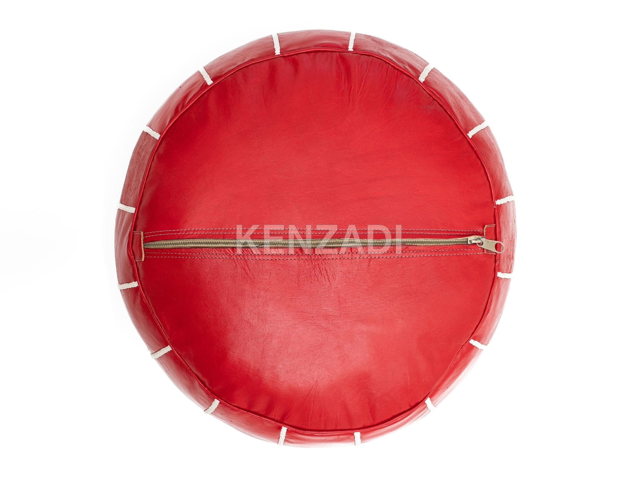 Authentic Moroccan leather pouf in sewn TAN leather, red with white embroidery