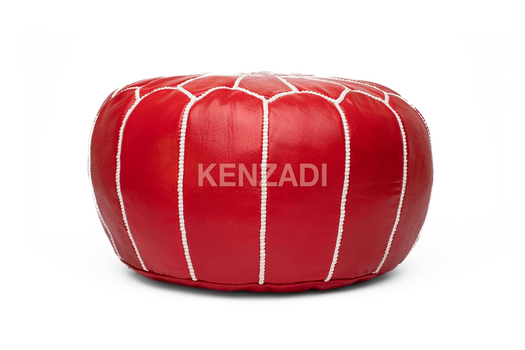 Authentic Moroccan leather pouf in sewn TAN leather, red with white embroidery