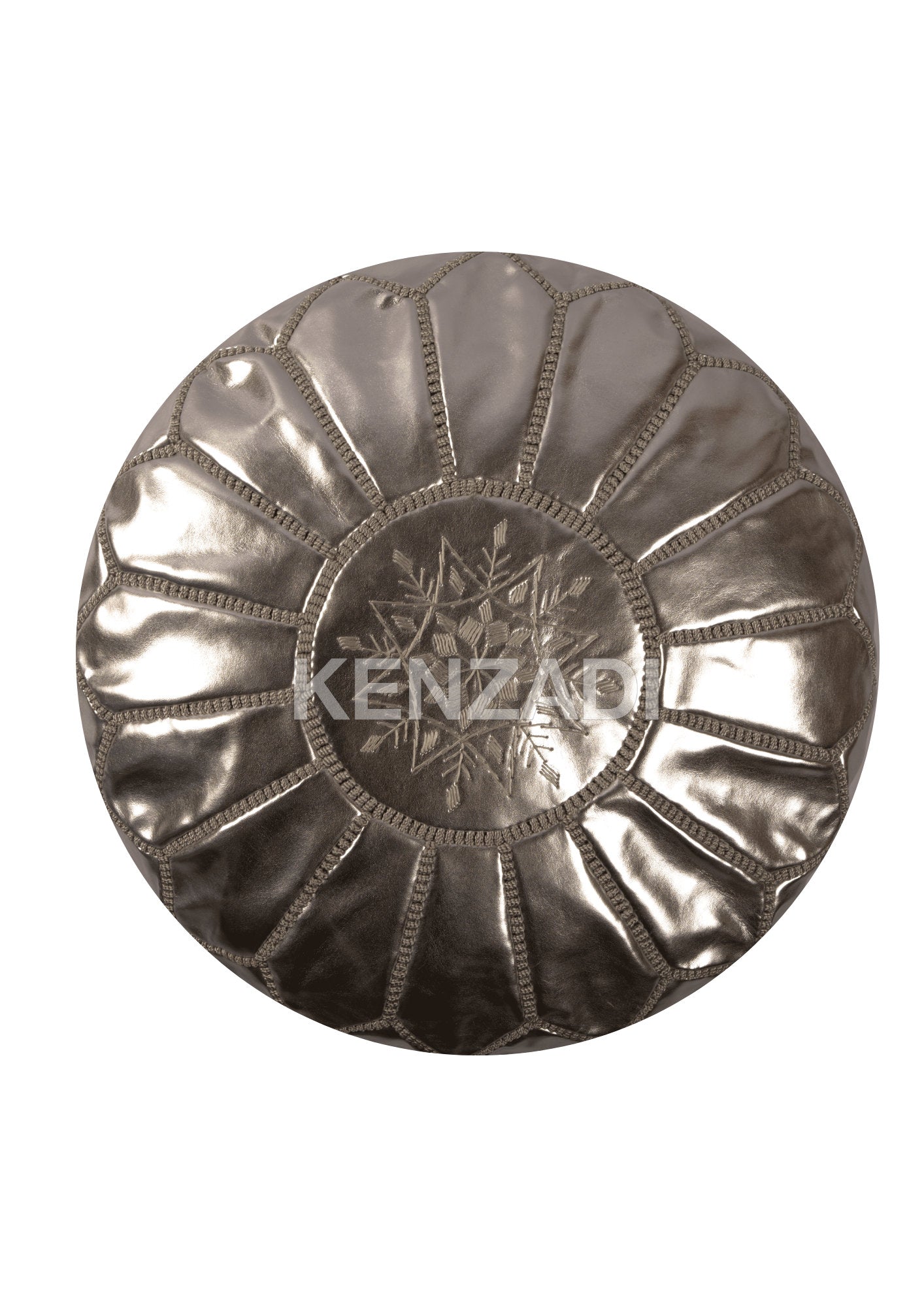 Authentic Moroccan leather pouf with silver grey embroidery Handmade pouf in premium Berber leather Versatile pouf that can be used as a footrest, pouf, or coffee table Perfect for adding a bohemian touch to your décor