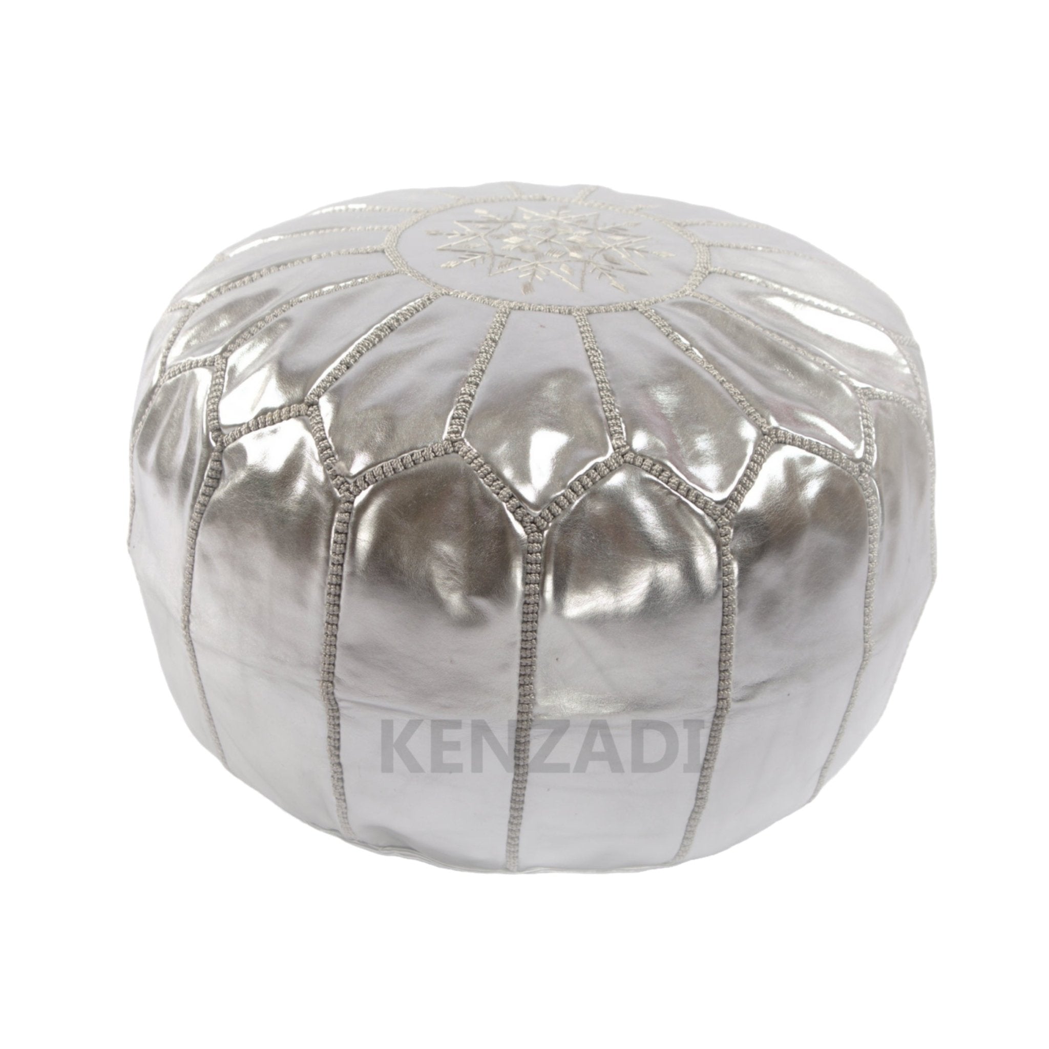 Moroccan leather pouf, round pouf, berber pouf, Silver grey with Grey embroidery by Kenzadi - Handmade by My Poufs
