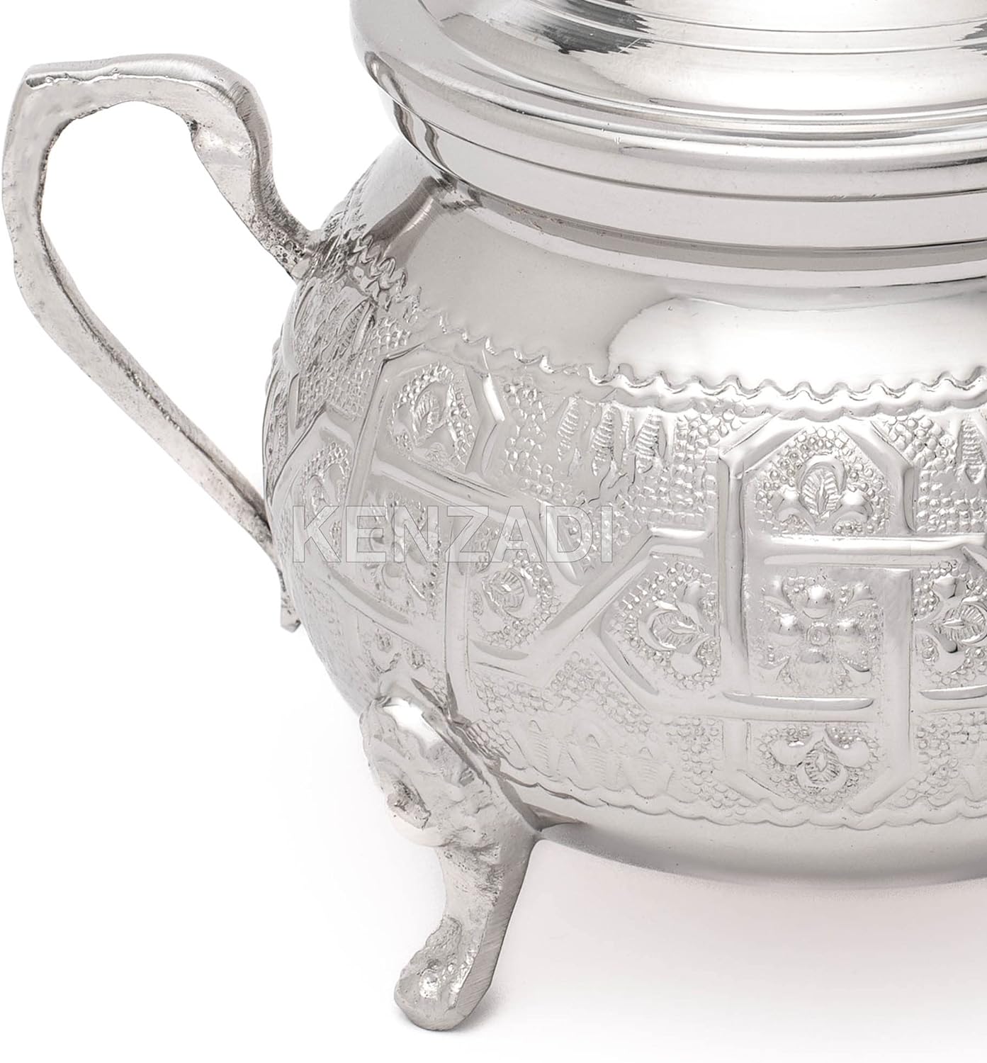 Moroccan Medium Sugar Bowl Container for Tea Pot Set Handmade Brass Silver Plated Teapot Hand Carved In Fes Morocco - Handmade by My Poufs