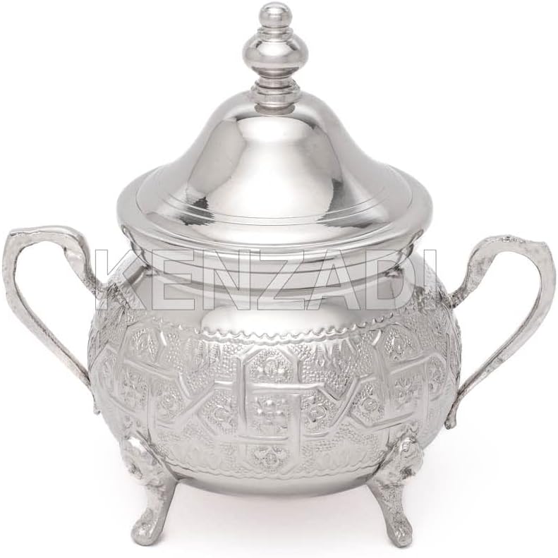 Moroccan Medium Sugar Bowl Container for Tea Pot Set Handmade Brass Silver Plated Teapot Hand Carved In Fes Morocco - Handmade by My Poufs