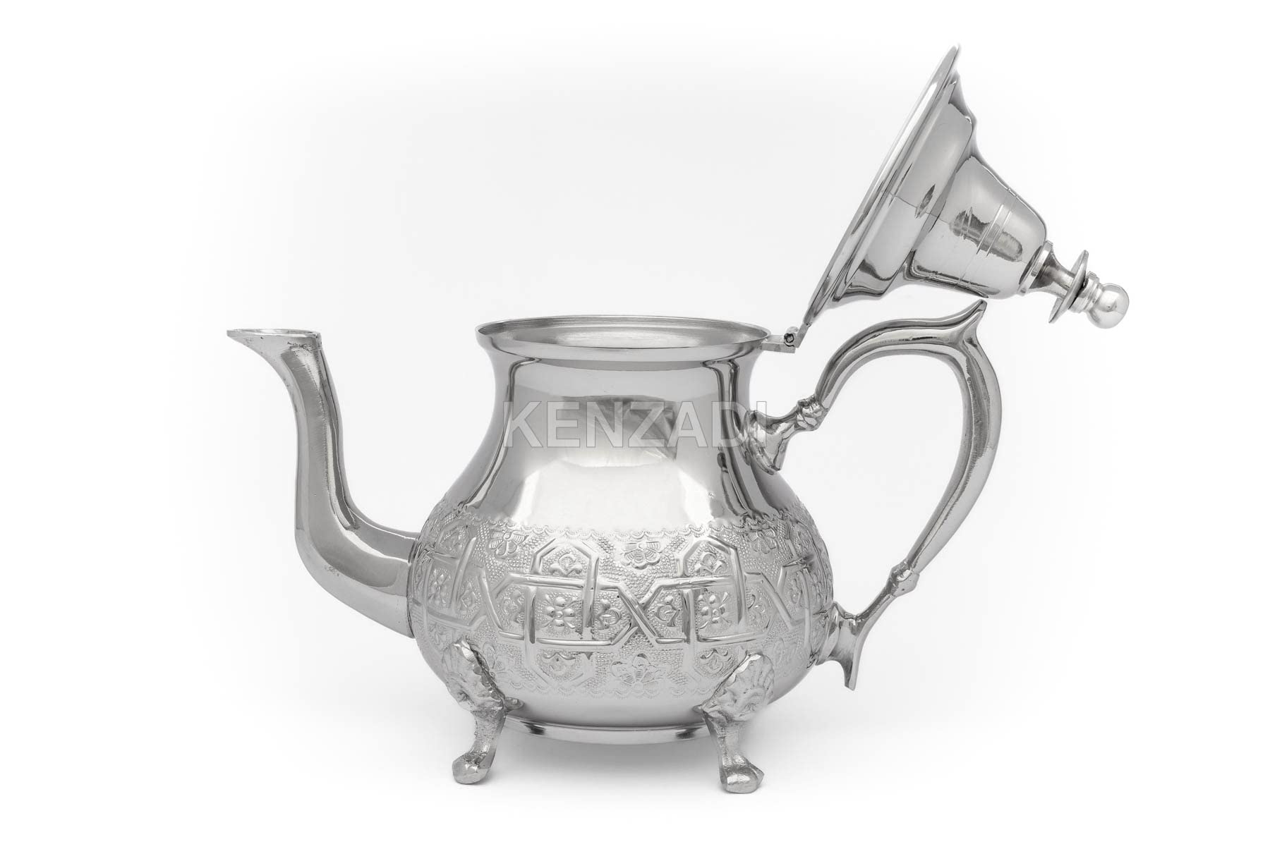 Moroccan Serving TeaPot Handmade Of Brass Silver Plated Hand Carved In Fes Morocco - Handmade by My Poufs