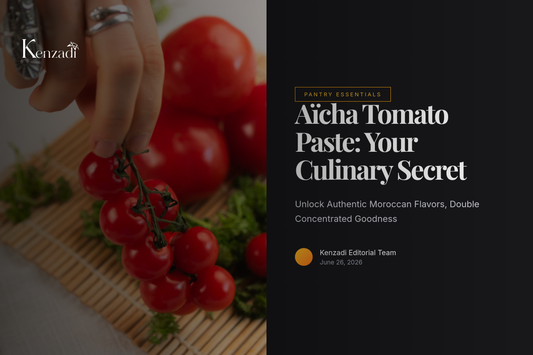 Jars of Aïcha double concentrate tomato paste next to fresh tomatoes and herbs on a rustic wooden table,