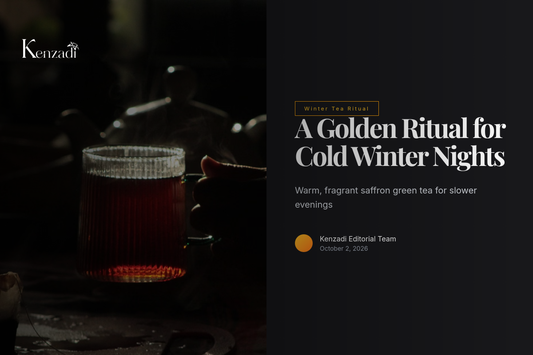 Steaming cup of Sultan Green Tea with Saffron on a cozy winter table